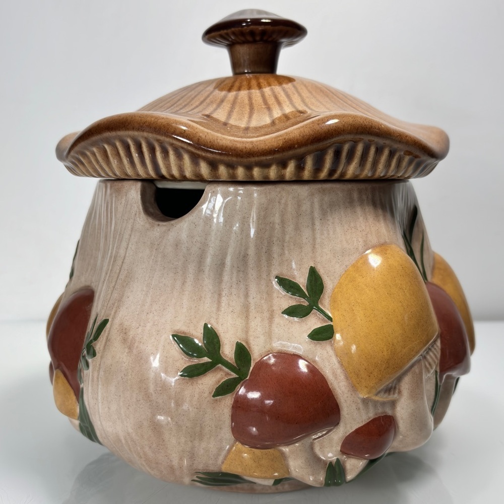 Vintage 70's Brown Red Yellow Large Ceramic Mushroom Soup Tureen - Picture 3 of 14